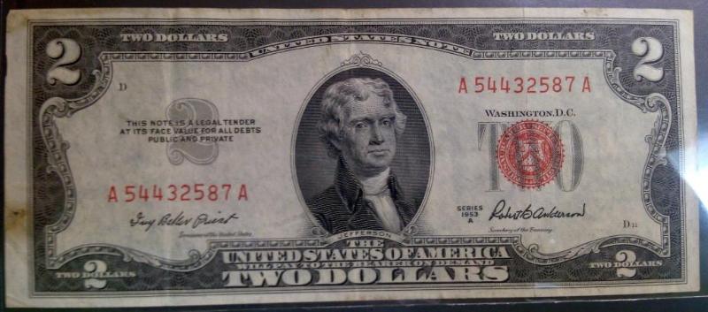 1953 US TWO DOLLAR BILL RED SEAL NO...