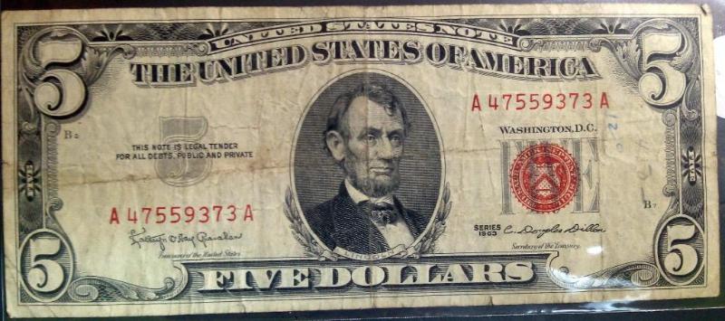 1963 US FIVE DOLLAR BILL RED SEAL N...