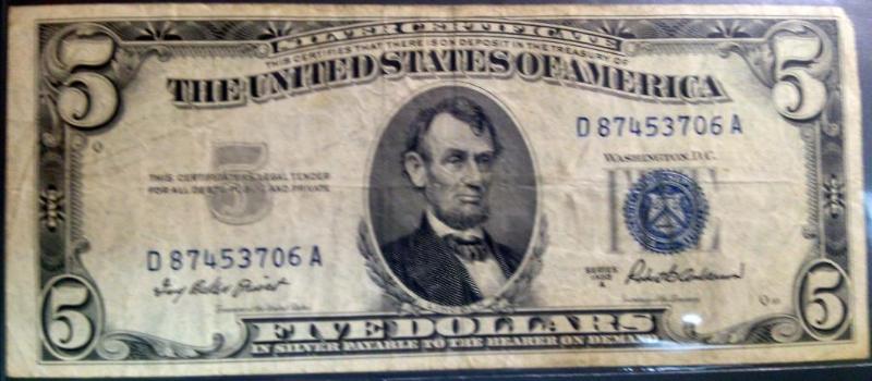 1953 US FIVE DOLLAR BILL BLUE SEAL ...