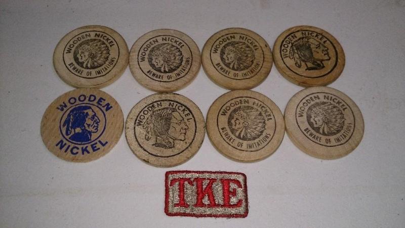 Lot of wooden nickels and IKE patch...