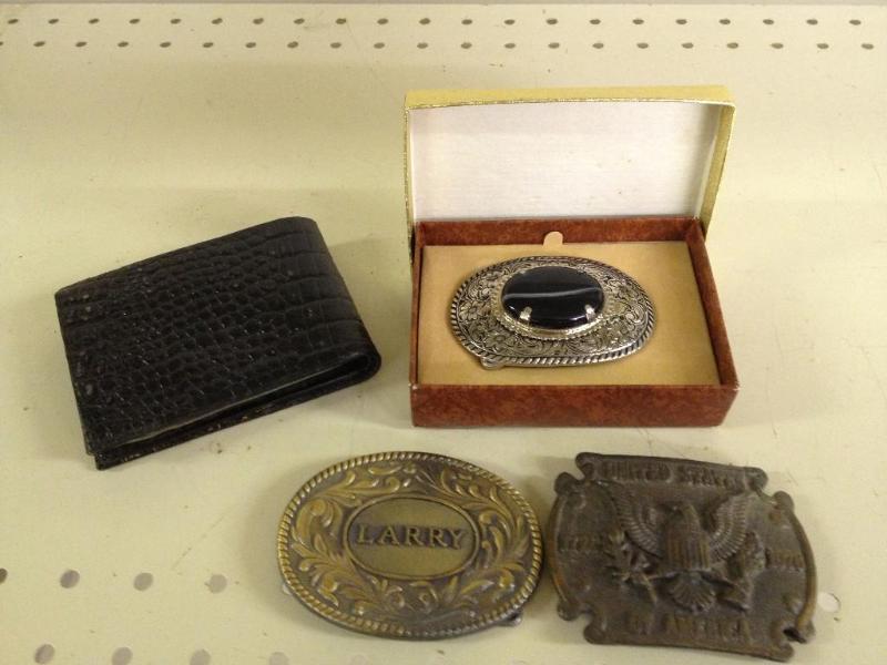 lot 44 image: 3 Belt Buckles and a wallet, perfect if youre Larry