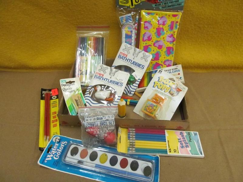 Box of small toys, paint, colored p...