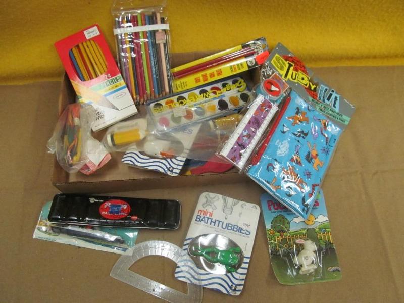 Box of small toys, paint,l colored ...