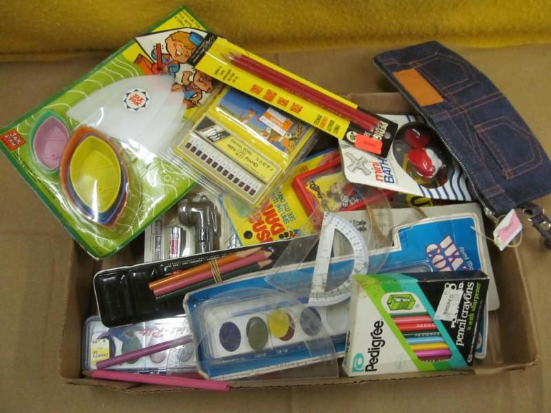 Box of small toys, paint, colored p...