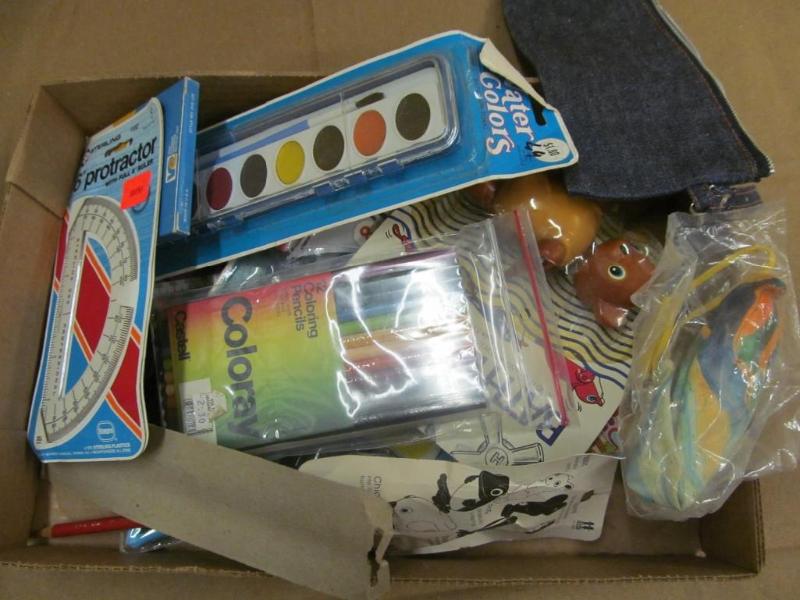 Box of small toys, paint,, colored ...