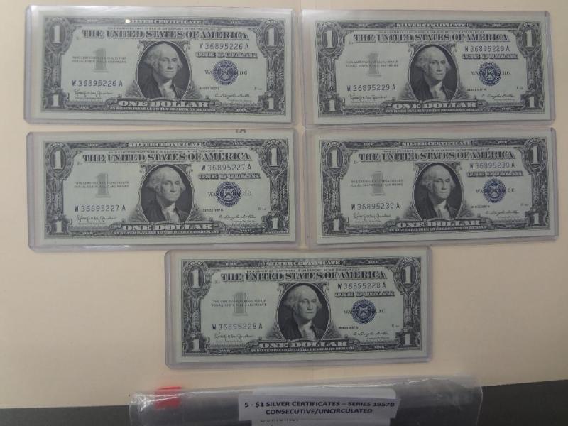 (5) 1957B $1 Silver Certificates, C...