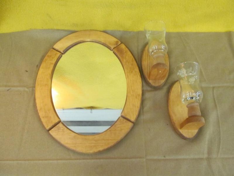 Oval Wood Mirror and Sconces with V...