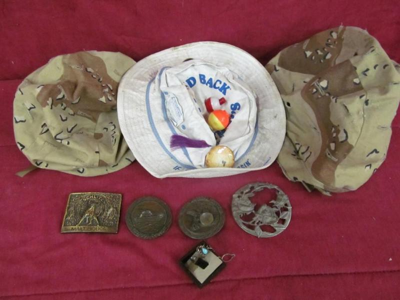 Hats, Bobber, Tie Tack, 4 Belt Buck...