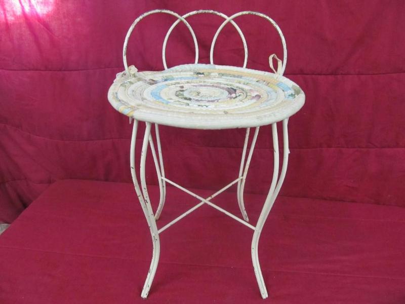 Vintage White Metal Stool with Brai...
