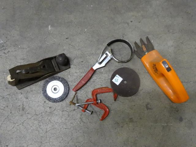 lot 52 image: Misc. Items 2 C Clamps, Discs. Oil...