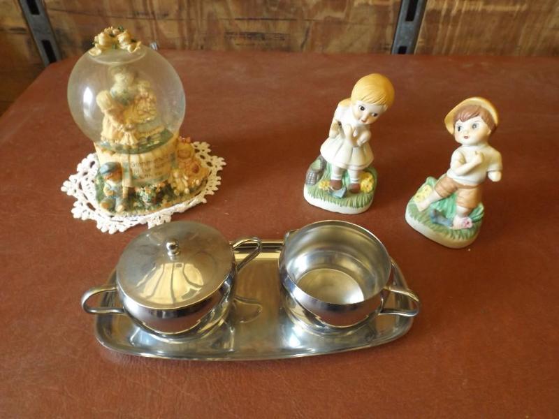 Silver cream and sugar set, boy and...