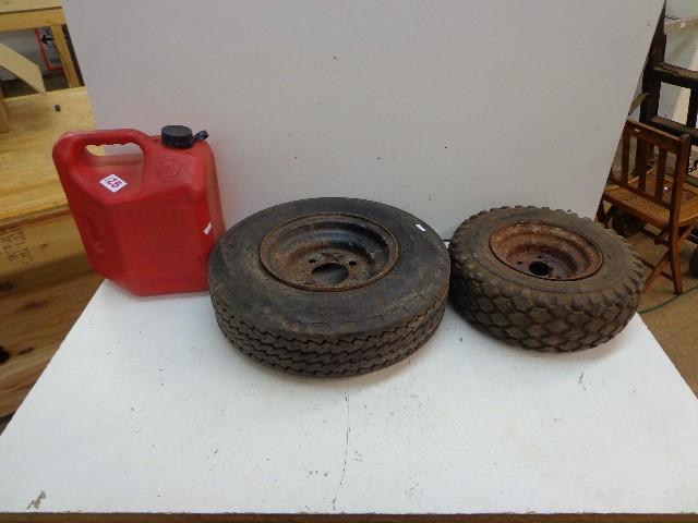lot 128 image: 2 Gal Gas Can, Good Year Tire, and ...