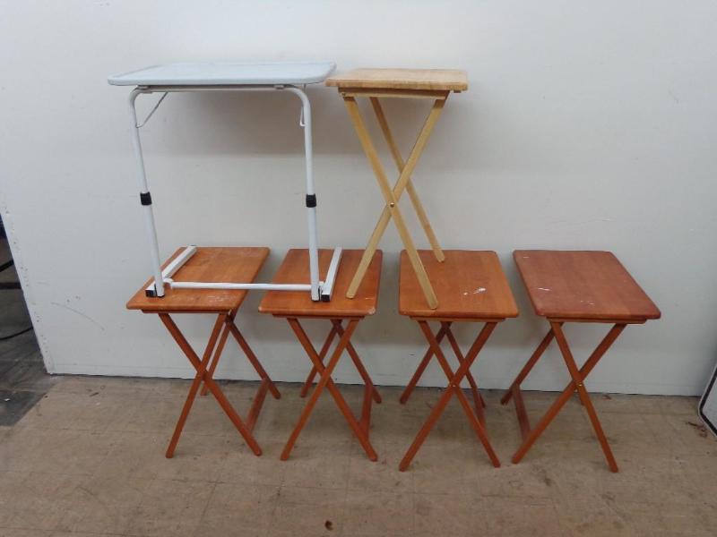 lot 33 image: T.V. Tray Tables 3 Dark Wood 1 Ligh...