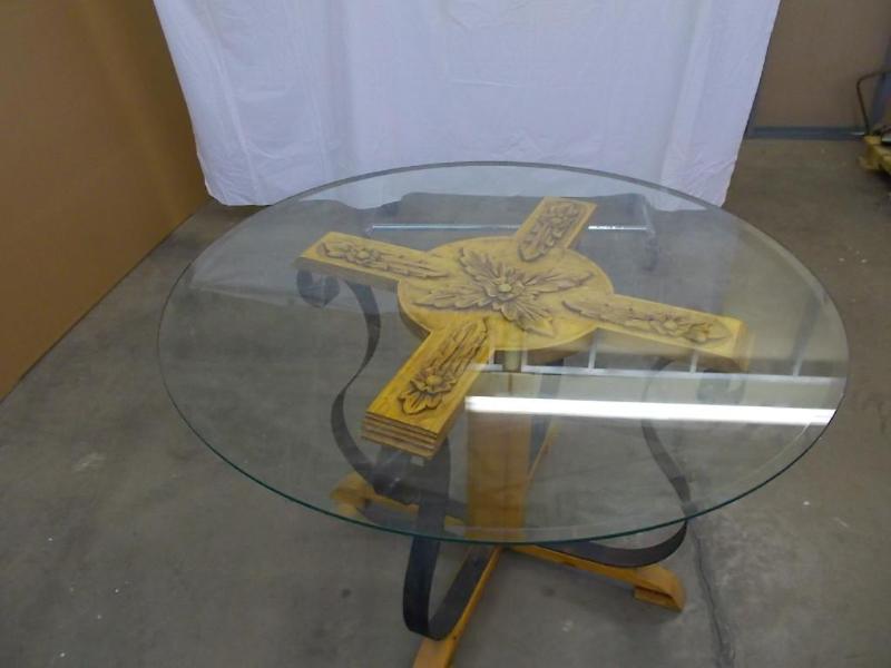 lot 19 image: Carved wood table with wrought iron...