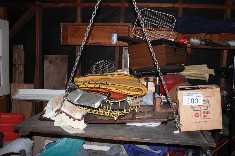 lot 100 image: Shelf Lot of Various Items Box Fan...