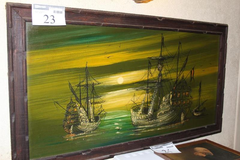 lot 23 image: Painting of, 3 Ships on Sea at Suns...