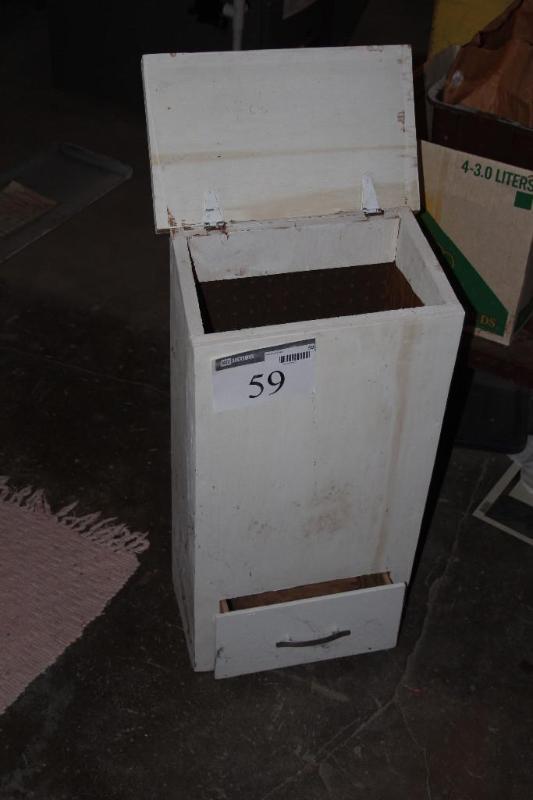 lot 59 image: Wood, Bin, with 1 drawer on bottom...