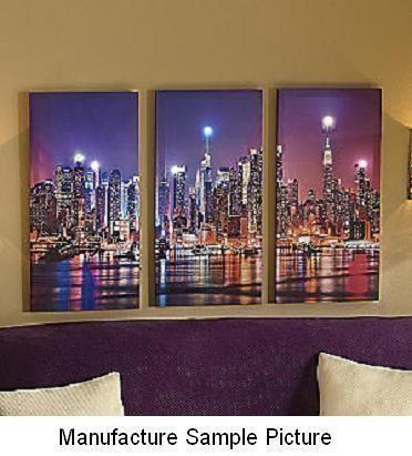 lot 210 image: NEW 3 Panel Lit City Canvas Wall Ar...
