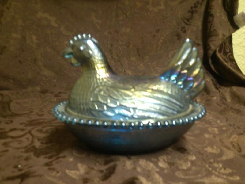 Vintage Blue Carnival Glass Hen on ...