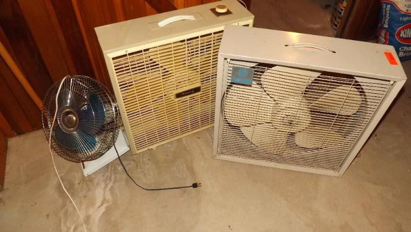 lot 390 image: Fans, 2 box fans, both work. One ro...