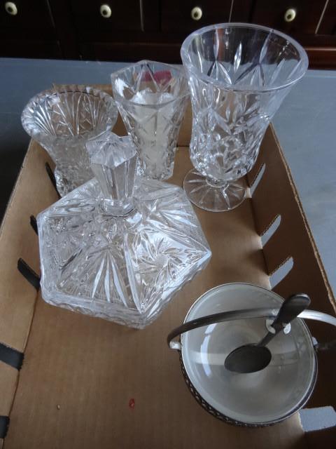 lot 190 image: Crystal candy dish. 3 crystal vases...