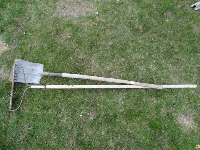 lot 58 image: Square shovel and garden rake...