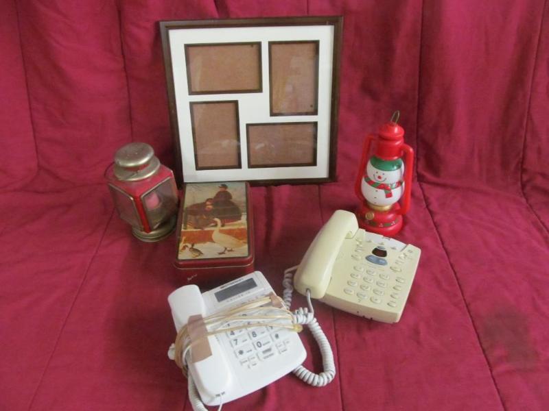 lot 20 image: Picture Frame, 2 Phones, Tin, 2 Lan...