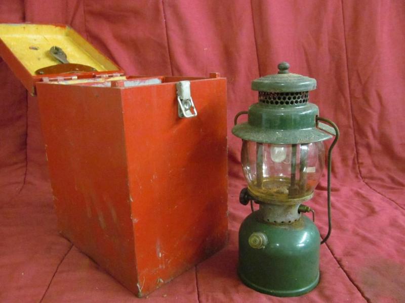 lot 203 image: Coleman Oil Lantern in Hand Wood Bo...
