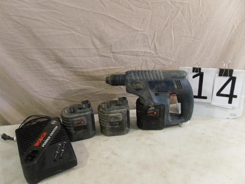 lot 14 image: Bosch 24 Volt Hammer Drill with 3 B...