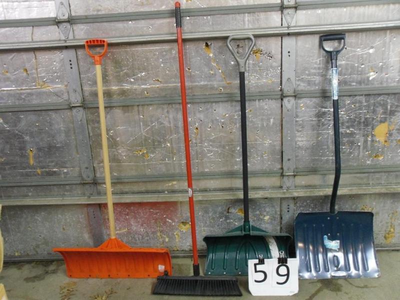 lot 59 image: 3 snow shovels and a nice push broo...