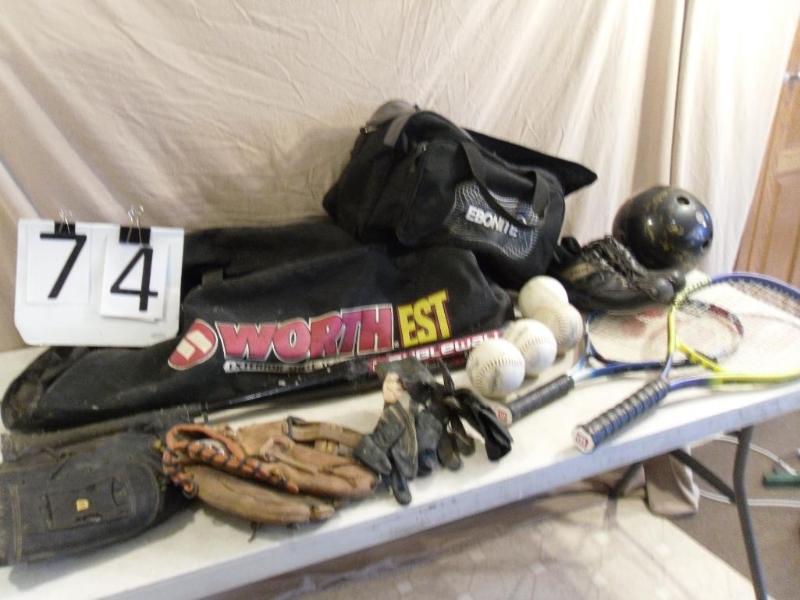 lot 74 image: Lot of sports equipment. Softball b...