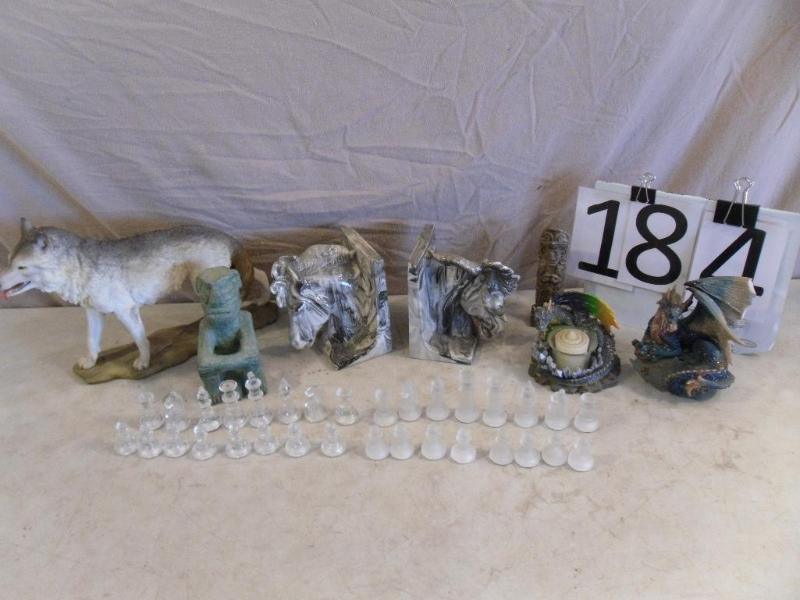 lot 184 image: Bookends, Wolf, Dragons, Glass Ches...