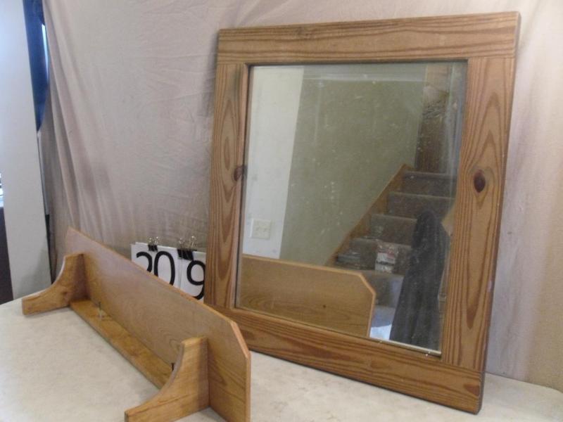lot 209 image: Wood Shelf and Wood Framed Mirror. ...