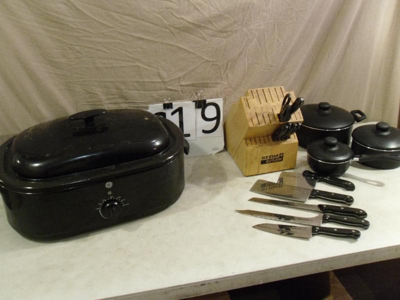 lot 219 image: 3 New Pans, GE Electric Roaster (te...