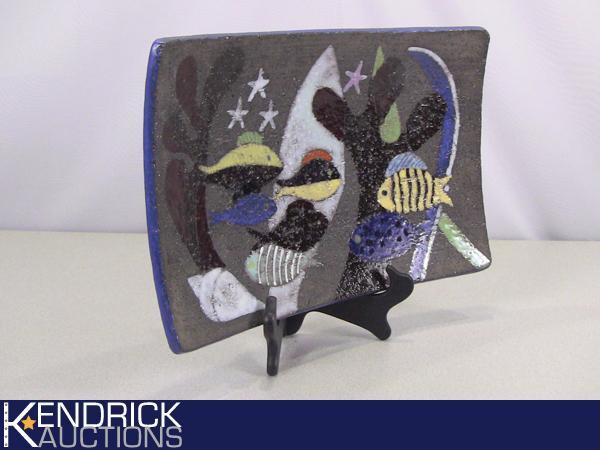 Folk Art Pottery Enameled Sea Themed Serving Tray