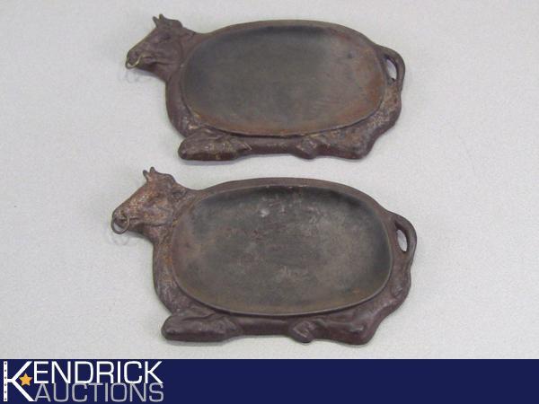 2 Cast Iron Cow Bovine Cooking Serving Trays
