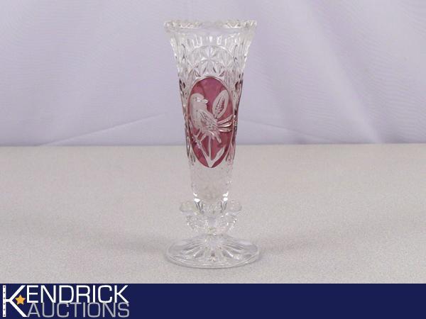 Bohemian Glass Crystal Etched Red Accented Bird Vase