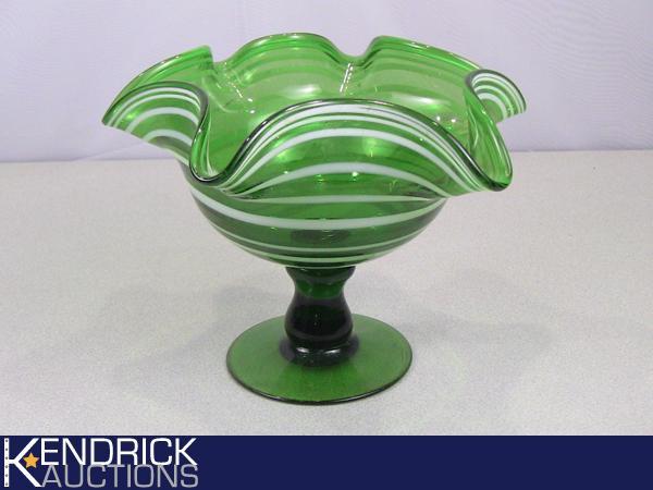 Green and White Swirled Footed Art Glass Vase