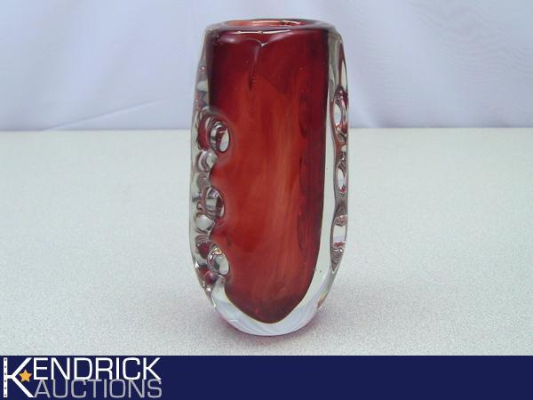 Decorative Heavy and Thick Red Accented Art Glass Vase
