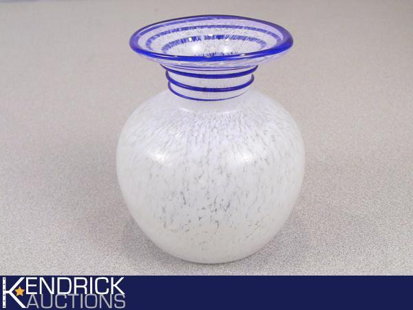 White Frosted with Blue Swirl Art Glass Vase