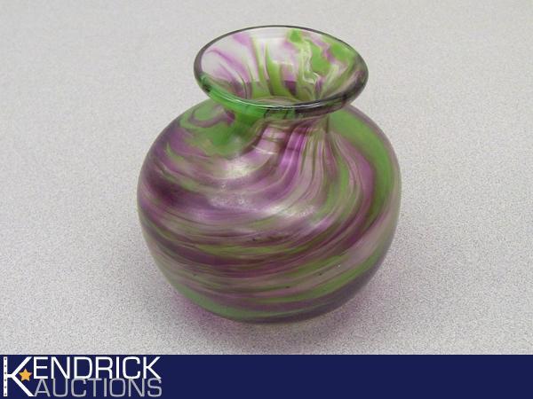 Hand Blown Green and Violet Swirl Art Glass Vase