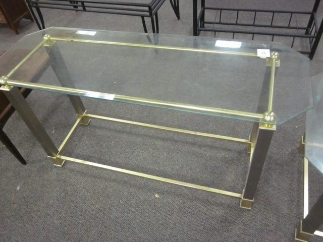 Brass and glass sofa table, matches...