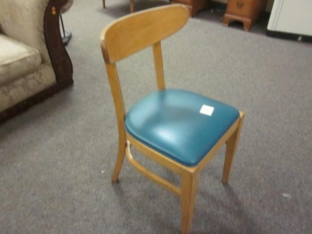 Mid century wood and blue vinyl cha...