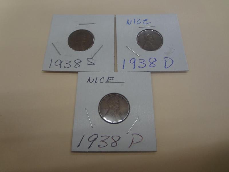 (3) 1938 Lincoln Wheat Pennies, PD...