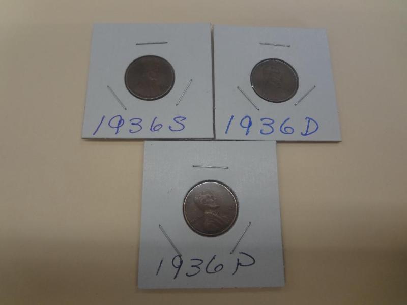 (3) 1936 Lincoln Wheat Pennies, PD...