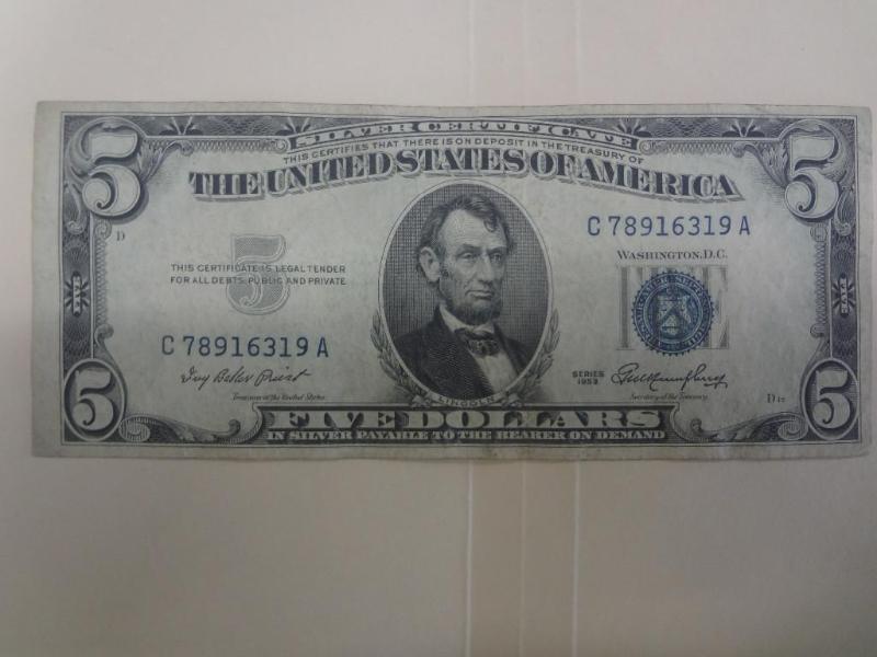 1953 $5 Silver Certifcate, Large Bl...
