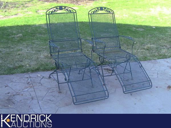 lot 24 image: 2 Green Iron Chaise Lounge Chairs