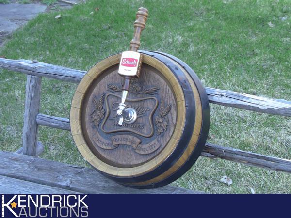 lot 9 image: Miller High Life Beer Barrel Top With Vintage Rarer Schmitt Beer Keg Tap