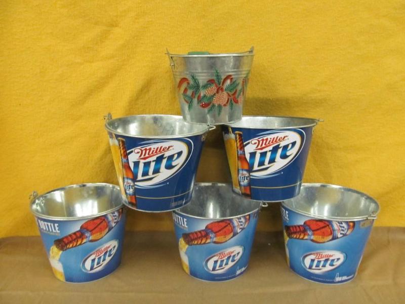lot 150 image: 5 Miller Lite Pails and 1 Decorativ...