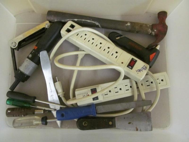 lot 52 image: Box of Tools - Power Strips, Hammer...